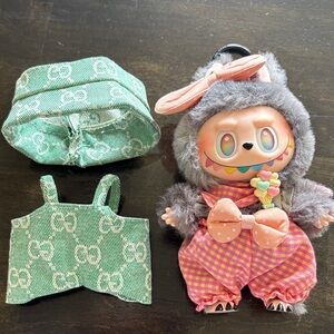 Gray Furry Rainbow-Eyed Plush Keychain Doll with Pink Outfit-everything in pic